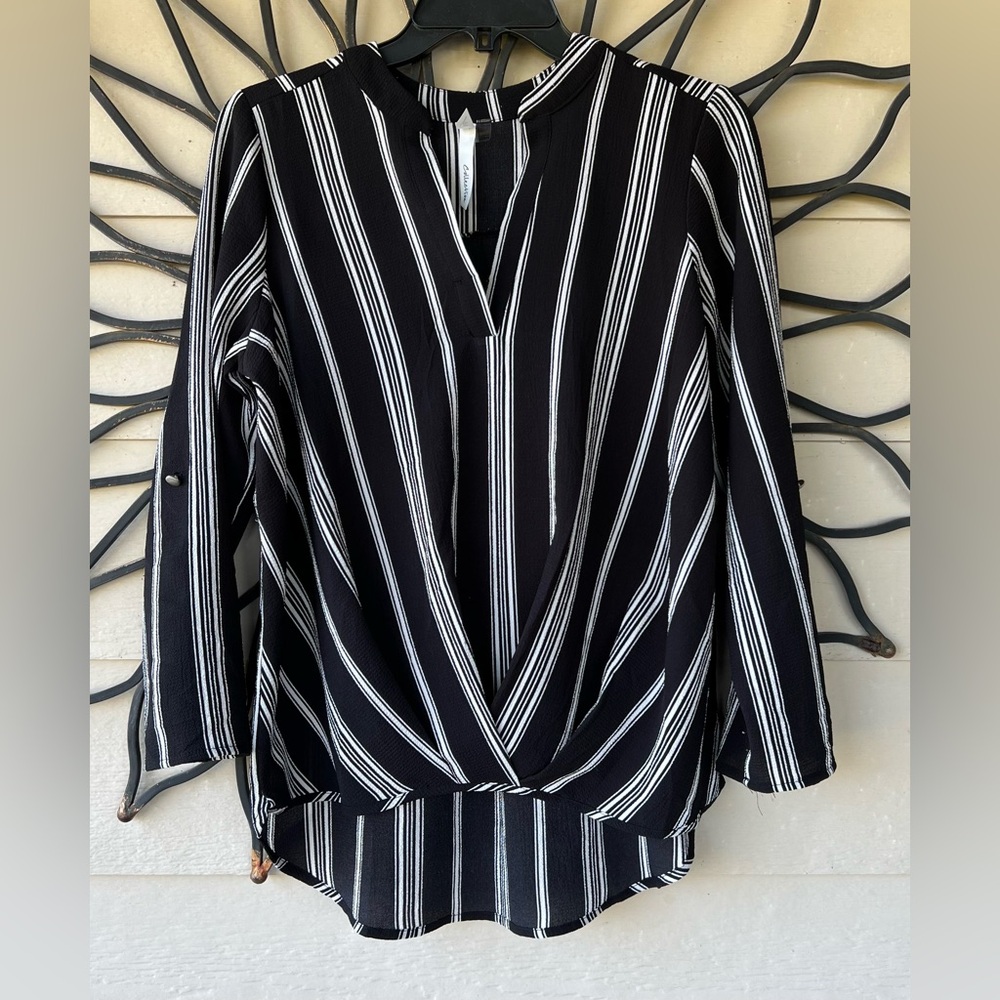 NY Collection Black Long Sleeve Blouse, black and white stripe